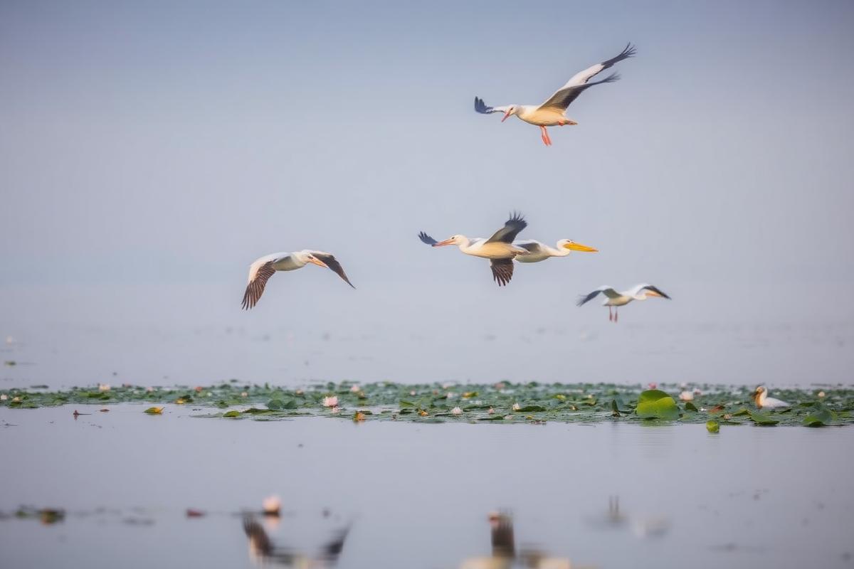 Dalmatian pelicans flying low over the lily fields of Skadar Lake