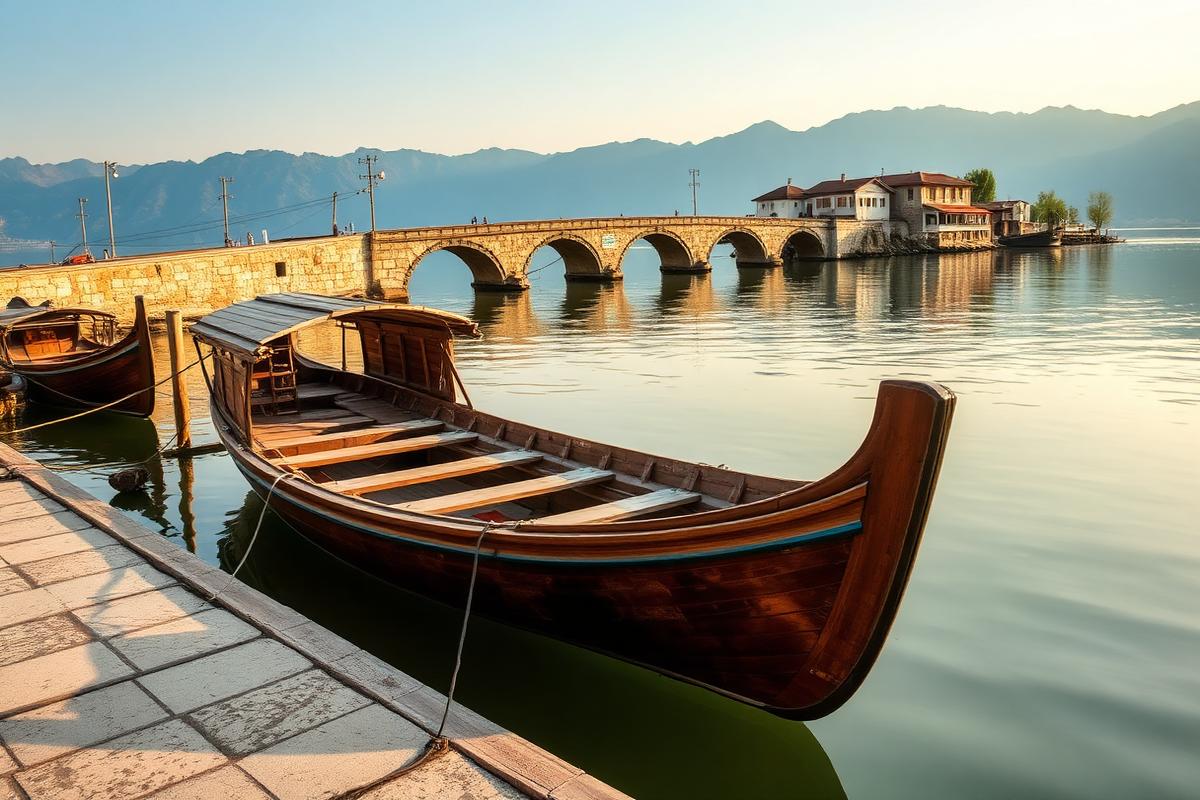 Traditional wooden boat moored at the Virpazar bridge